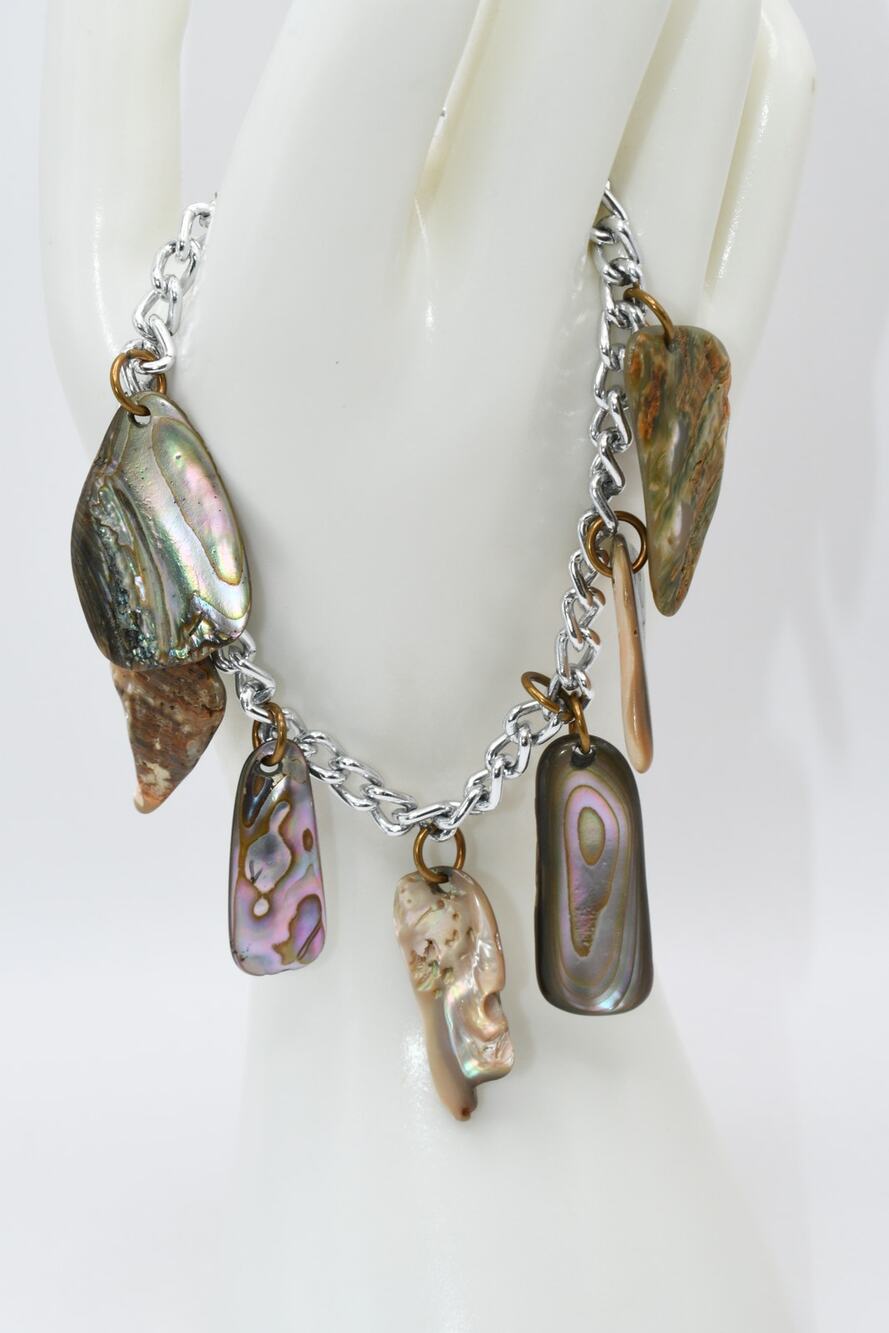 Vintage W Germany Abalone Charm Bracelet Eloxal Silver Tone 7.5 Inch